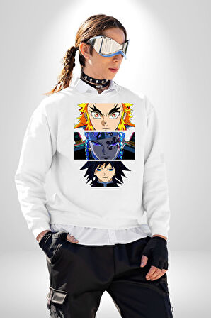 Demon Slayer  İblis Keser Manga Kahramanları Erkek Kadın Unisex Dijital Baskılı Beyaz Sweatshirt