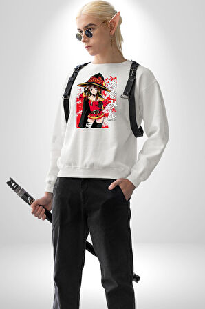 Megumin Manga Anime Seri Erkek Kadın Unisex Dijital Baskılı Beyaz Sweatshirt