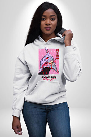 Neon Genesis Evangelion Anime Televizyon Erkek Kadın Beyaz Dijital Baskılı Kapüşonlu Sweatshirt Hoodie