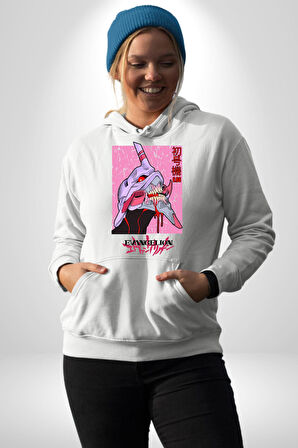 Neon Genesis Evangelion Anime Televizyon Erkek Kadın Beyaz Dijital Baskılı Kapüşonlu Sweatshirt Hoodie