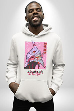 Neon Genesis Evangelion Anime Televizyon Erkek Kadın Beyaz Dijital Baskılı Kapüşonlu Sweatshirt Hoodie