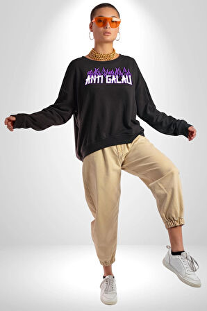 Anti Galau Erkek Kadın Unisex Dijital Baskılı Siyah Sweatshirt