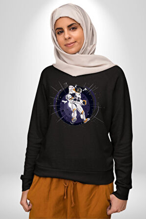 Nasa Astronaut Uzay Zıplaması Erkek Kadın Unisex Dijital Baskılı Siyah Sweatshirt