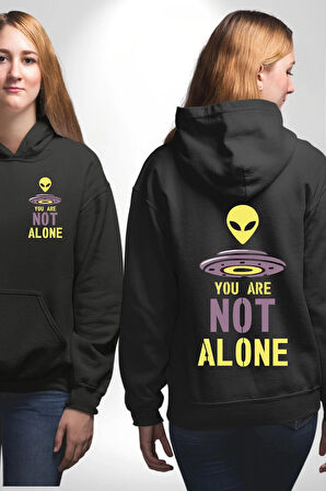 Uzaylı Yalnız Değiliz Ufo Erkek Kadın Siyah Ön Sırt Baskılı Kapüşonlu Sweatshirt Hoodie
