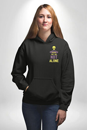 Uzaylı Yalnız Değiliz Ufo Erkek Kadın Siyah Ön Sırt Baskılı Kapüşonlu Sweatshirt Hoodie