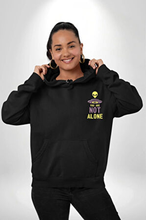 Uzaylı Yalnız Değiliz Ufo Erkek Kadın Siyah Ön Sırt Baskılı Kapüşonlu Sweatshirt Hoodie