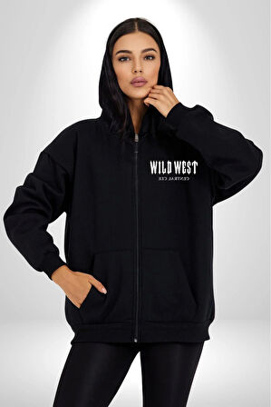 Wild West Central Cee Müzik Erkek Kadın Siyah Fermuarlı Baskılı Hırka Sweatshirt