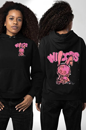Öfkeli Voodoo Tavşan XOX Erkek Kadın Siyah Ön Sırt Baskılı Kapüşonlu Sweatshirt Hoodie