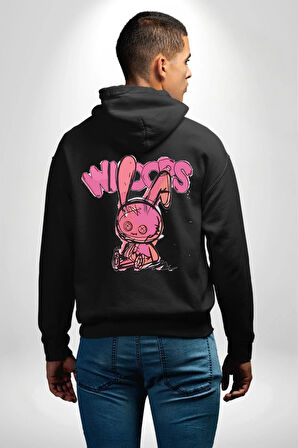 Öfkeli Voodoo Tavşan XOX Erkek Kadın Siyah Ön Sırt Baskılı Kapüşonlu Sweatshirt Hoodie