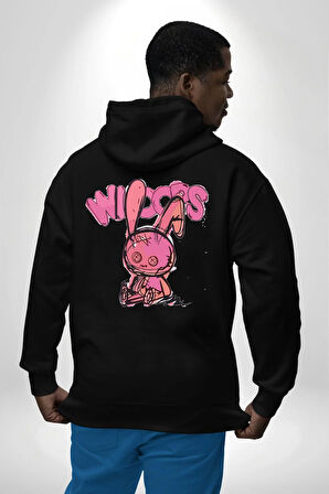 Öfkeli Voodoo Tavşan XOX Erkek Kadın Siyah Ön Sırt Baskılı Kapüşonlu Sweatshirt Hoodie