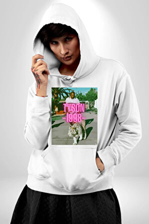 Mike Tyson ve Onun Bengai Kaplanı Yol Yürüyüş Erkek Kadın Beyaz Dijital Baskılı Kapüşonlu Sweatshirt Hoodie