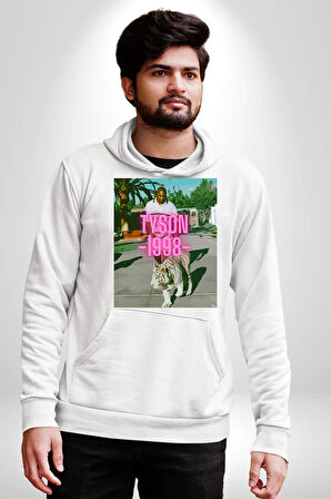 Mike Tyson ve Onun Bengai Kaplanı Yol Yürüyüş Erkek Kadın Beyaz Dijital Baskılı Kapüşonlu Sweatshirt Hoodie