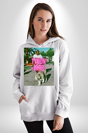 Mike Tyson ve Onun Bengai Kaplanı Yol Yürüyüş Erkek Kadın Beyaz Dijital Baskılı Kapüşonlu Sweatshirt Hoodie