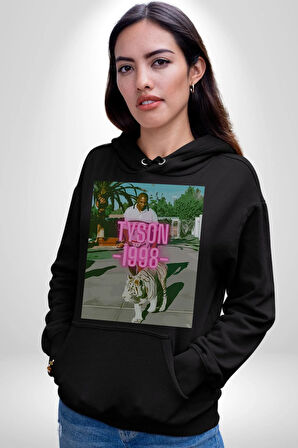 Mike Tyson ve Onun Bengai Kaplanı Yol Yürüyüş Erkek Kadın Siyah Dijital Baskılı Kapüşonlu Sweatshirt Hoodie