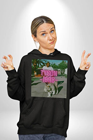 Mike Tyson ve Onun Bengai Kaplanı Yol Yürüyüş Erkek Kadın Siyah Dijital Baskılı Kapüşonlu Sweatshirt Hoodie