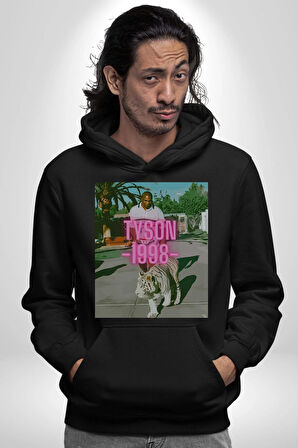 Mike Tyson ve Onun Bengai Kaplanı Yol Yürüyüş Erkek Kadın Siyah Dijital Baskılı Kapüşonlu Sweatshirt Hoodie