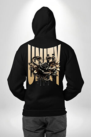 Yapay Zeka Gül Yılan Altın Siyah Gül 3D Erkek Kadın Siyah Ön Sırt Baskılı Kapüşonlu Sweatshirt Hoodie