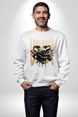 Yapay Zeka Gül Yılan Altın Siyah Gül 3D Erkek Kadın Unisex Dijital Baskılı Beyaz Sweatshirt