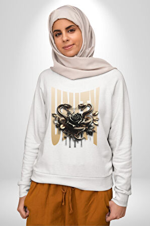 Yapay Zeka Gül Yılan Altın Siyah Gül 3D Erkek Kadın Unisex Dijital Baskılı Beyaz Sweatshirt