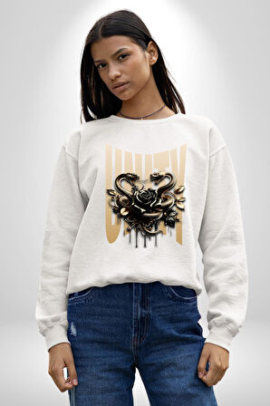 Yapay Zeka Gül Yılan Altın Siyah Gül 3D Erkek Kadın Unisex Dijital Baskılı Beyaz Sweatshirt