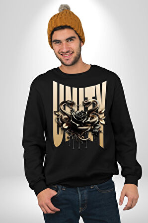Yapay Zeka Gül Yılan Altın Siyah Gül 3D Erkek Kadın Unisex Dijital Baskılı Siyah Sweatshirt