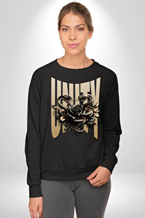 Yapay Zeka Gül Yılan Altın Siyah Gül 3D Erkek Kadın Unisex Dijital Baskılı Siyah Sweatshirt