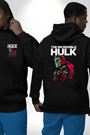 İnanılmaz Hulk  Erkek Kadın Siyah Ön Sırt Baskılı Kapüşonlu Sweatshirt Hoodie