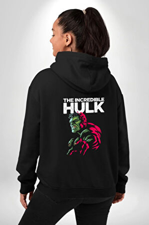 İnanılmaz Hulk  Erkek Kadın Siyah Ön Sırt Baskılı Kapüşonlu Sweatshirt Hoodie