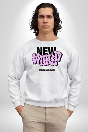 Sokak Style Yeni Dünya Yaratın Yenilik Yapın Erkek Kadın Unisex Dijital Baskılı Beyaz Sweatshirt
