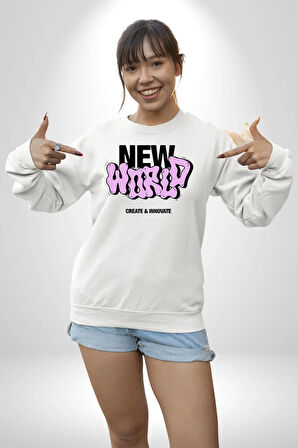 Sokak Style Yeni Dünya Yaratın Yenilik Yapın Erkek Kadın Unisex Dijital Baskılı Beyaz Sweatshirt