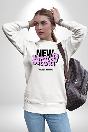 Sokak Style Yeni Dünya Yaratın Yenilik Yapın Erkek Kadın Unisex Dijital Baskılı Beyaz Sweatshirt