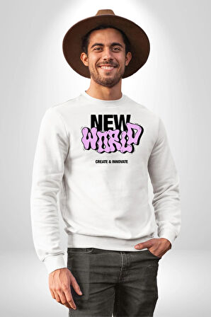 Sokak Style Yeni Dünya Yaratın Yenilik Yapın Erkek Kadın Unisex Dijital Baskılı Beyaz Sweatshirt
