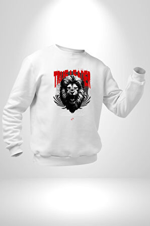 Gerçek Lider Tehlikeli Aslan Kafası Erkek Kadın Unisex Dijital Baskılı Beyaz Sweatshirt