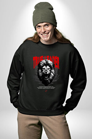 Gerçek Lider Tehlikeli Aslan Kafası Erkek Kadın Unisex Dijital Baskılı Siyah Sweatshirt