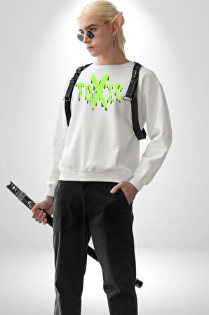 Sokak Sitili Atık Toxic  Erkek Kadın Unisex Dijital Baskılı Beyaz Sweatshirt