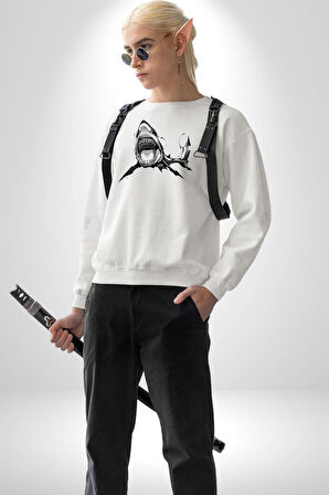 Dövme Shark Okyanus Köpekbalığı Erkek Kadın Unisex Dijital Baskılı Beyaz Sweatshirt