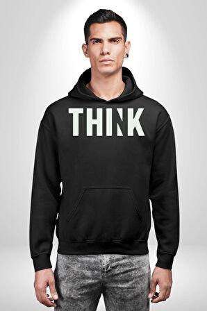Think Düşünmek Erkek Kadın Siyah Dijital Baskılı Kapüşonlu Sweatshirt Hoodie
