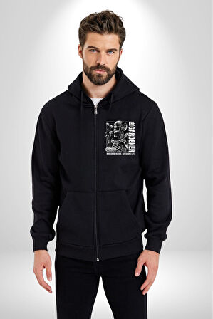 İskelet Aşkı Kuş Kırk Kalp Ve Kuru Çiçekler Erkek Kadın Siyah Fermuarlı Baskılı Hırka Sweatshirt