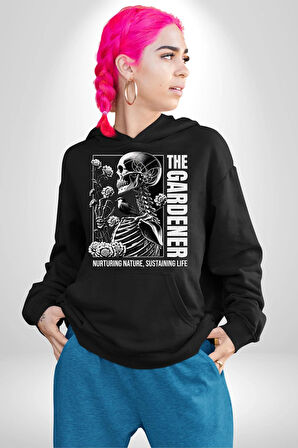 İskelet Aşkı Kuş Kırk Kalp Ve Kuru Çiçekler Erkek Kadın Siyah Dijital Baskılı Kapüşonlu Sweatshirt Hoodie