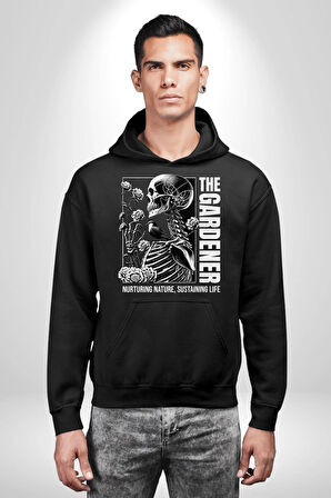 İskelet Aşkı Kuş Kırk Kalp Ve Kuru Çiçekler Erkek Kadın Siyah Dijital Baskılı Kapüşonlu Sweatshirt Hoodie