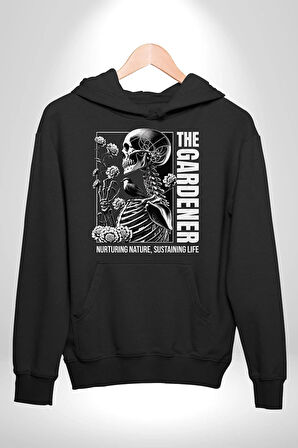 İskelet Aşkı Kuş Kırk Kalp Ve Kuru Çiçekler Erkek Kadın Siyah Dijital Baskılı Kapüşonlu Sweatshirt Hoodie