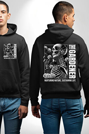 İskelet Aşkı Kuş Kırk Kalp Ve Kuru Çiçekler Erkek Kadın Siyah Ön Sırt Baskılı Kapüşonlu Sweatshirt Hoodie