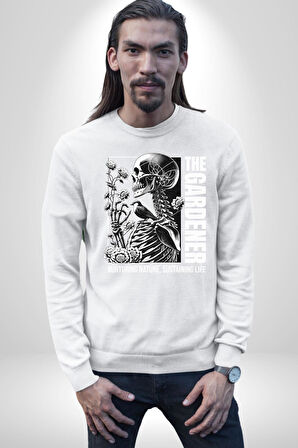 İskelet Aşkı Kuş Kırk Kalp Ve Kuru Çiçekler Erkek Kadın Unisex Dijital Baskılı Beyaz Sweatshirt