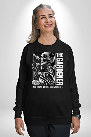 İskelet Aşkı Kuş Kırk Kalp Ve Kuru Çiçekler Erkek Kadın Unisex Dijital Baskılı Siyah Sweatshirt