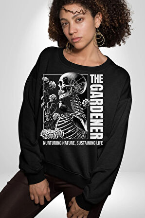 İskelet Aşkı Kuş Kırk Kalp Ve Kuru Çiçekler Erkek Kadın Unisex Dijital Baskılı Siyah Sweatshirt