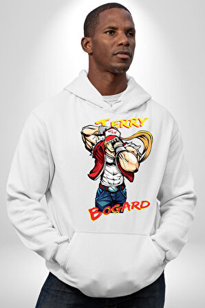 Terry Bogard Dövüşöü  Erkek Kadın Beyaz Dijital Baskılı Kapüşonlu Sweatshirt Hoodie