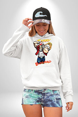 Terry Bogard Dövüşöü  Erkek Kadın Beyaz Dijital Baskılı Kapüşonlu Sweatshirt Hoodie