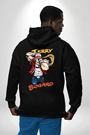Terry Bogard Dövüşöü  Erkek Kadın Siyah Ön Sırt Baskılı Kapüşonlu Sweatshirt Hoodie