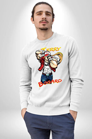 Terry Bogard Dövüşöü  Erkek Kadın Unisex Dijital Baskılı Beyaz Sweatshirt