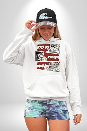 Sokak Style Hadi Kavgaya Gidelim Erkek Kadın Beyaz Dijital Baskılı Kapüşonlu Sweatshirt Hoodie